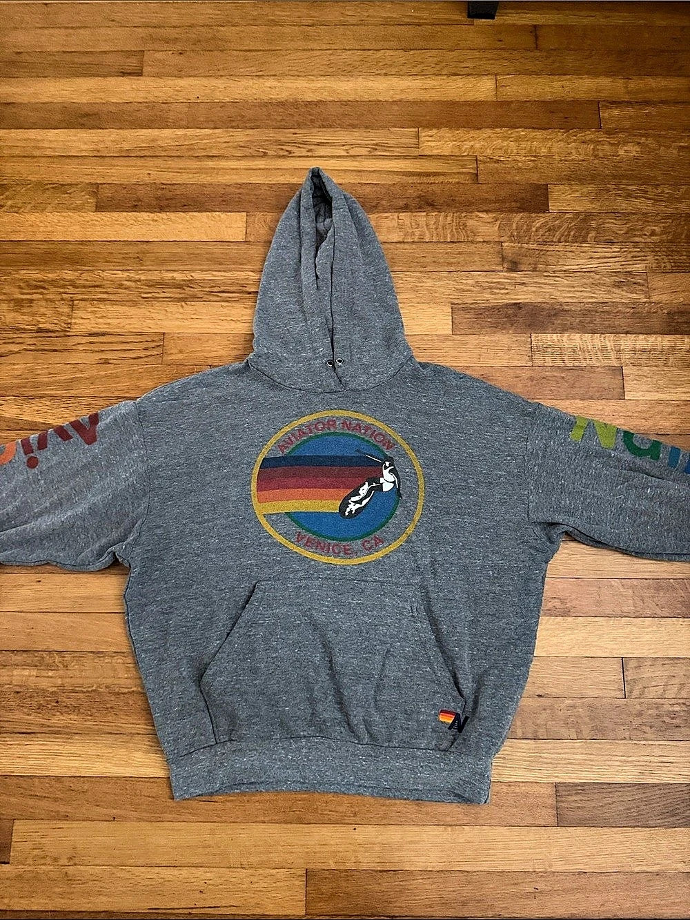 Aviator Nation Venice CA Surfer Rainbow Pullover Hoodie Gray